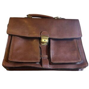 Vintage Italian Brown Leather Briefcase With Lock & Key